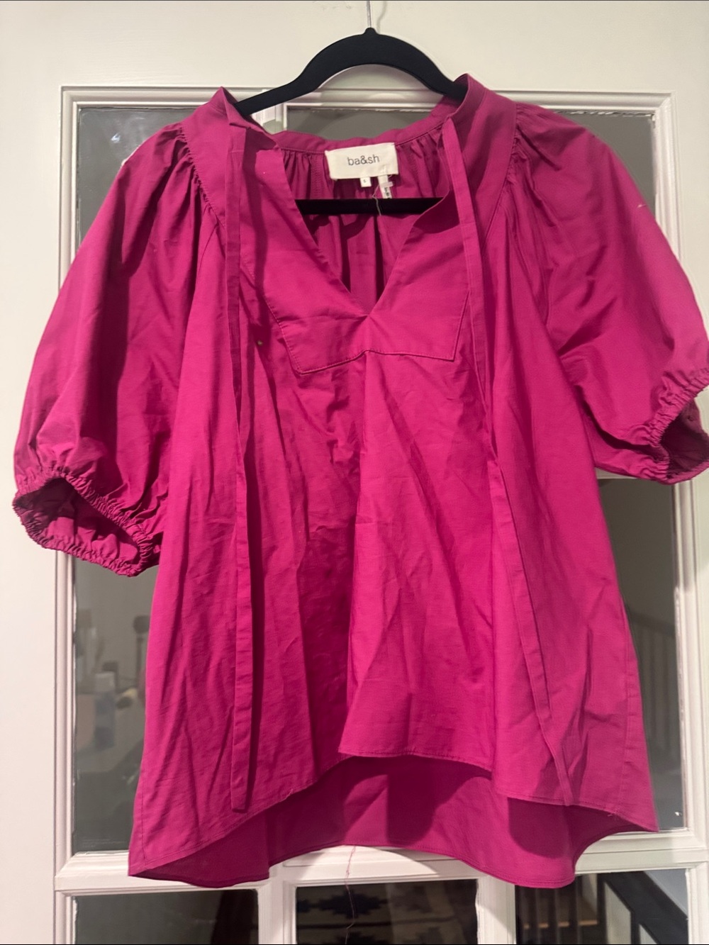 ba&sh Bright Pink Puff-Sleeve Cotton Tunic Blouse